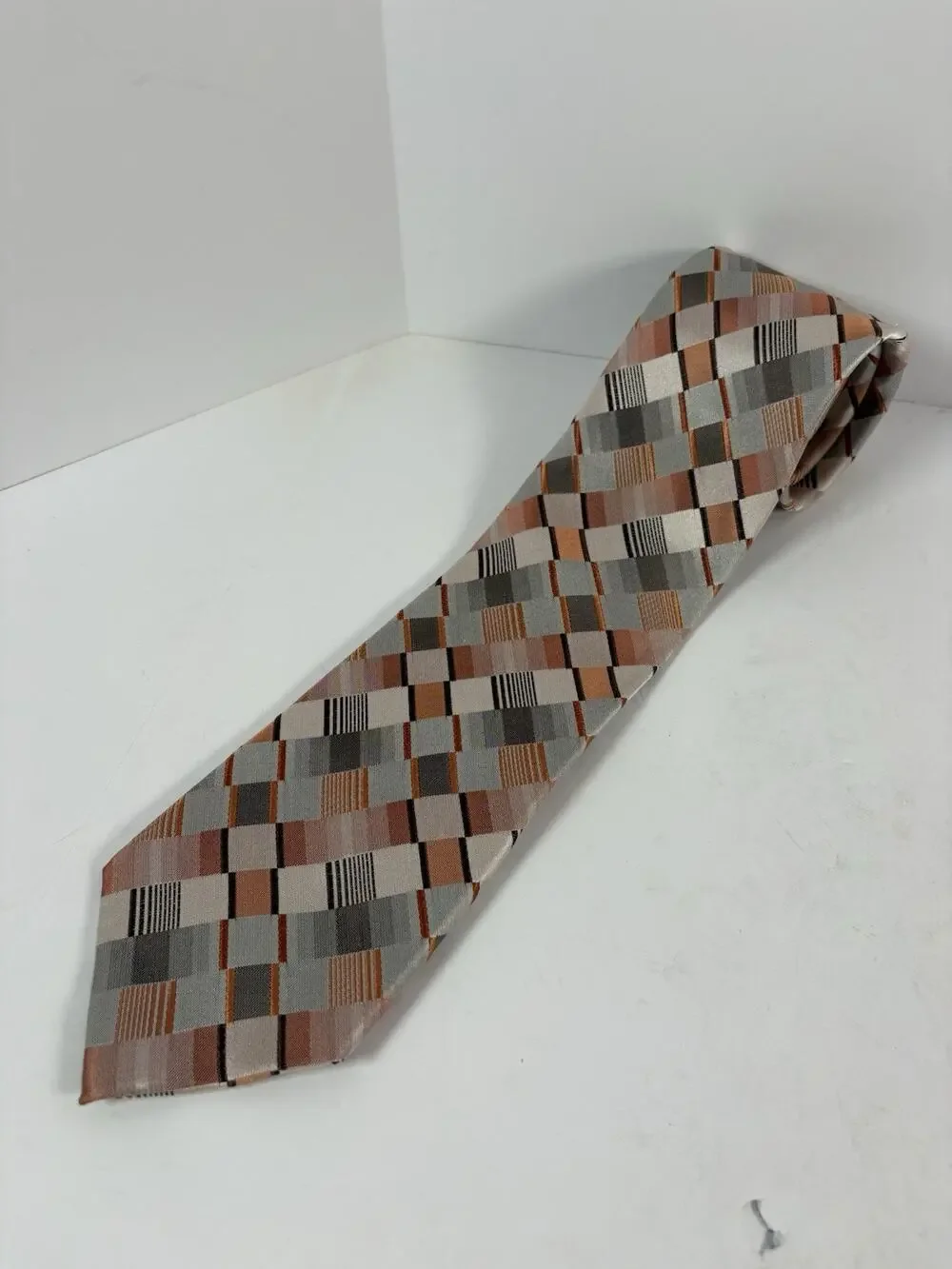 John Ashford Silk Blend Geometric Plaid Neck Tie Tan Gray Brown Stain Resistant